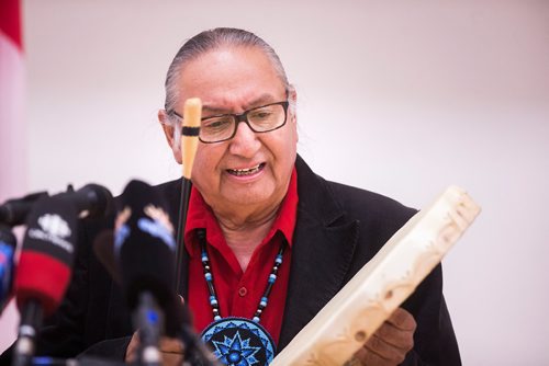 MIKAELA MACKENZIE / WINNIPEG FREE PRESS
Elder Carl Stone opens the ceremony with a drumming song at the grand opening of the expanded campus of Southeast Collegiate, a secondary school that welcomes First Nations students from communities across Manitoba, in Winnipeg on Thursday, Sept. 6, 2018. 
Winnipeg Free Press 2018.