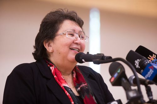 MIKAELA MACKENZIE / WINNIPEG FREE PRESS
Chief Vera Mitchell speaks at the grand opening of the expanded campus of Southeast Collegiate, a secondary school that welcomes First Nations students from communities across Manitoba, in Winnipeg on Thursday, Sept. 6, 2018. 
Winnipeg Free Press 2018.