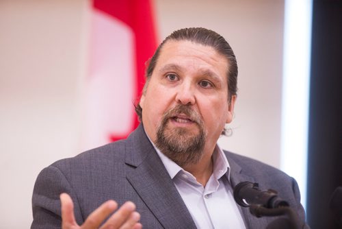 MIKAELA MACKENZIE / WINNIPEG FREE PRESS
Doug Mercer, executive director of the Southwest Tribal Council, speaks at the grand opening of the expanded campus of Southeast Collegiate, a secondary school that welcomes First Nations students from communities across Manitoba, in Winnipeg on Thursday, Sept. 6, 2018. 
Winnipeg Free Press 2018.