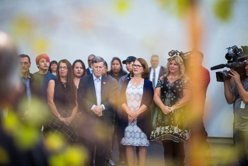 MIKAELA MACKENZIE / WINNIPEG FREE PRESS
Students and special guests take part in a ceremony around the ceremonial fire pit to mark the official opening of the expanded campus of Southeast Collegiate, a secondary school that welcomes First Nations students from communities across Manitoba, in Winnipeg on Thursday, Sept. 6, 2018. 
Winnipeg Free Press 2018.