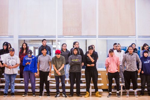 MIKAELA MACKENZIE / WINNIPEG FREE PRESS
Students stand to be recognized at the grand opening of the expanded campus of Southeast Collegiate, a secondary school that welcomes First Nations students from communities across Manitoba, in Winnipeg on Thursday, Sept. 6, 2018. 
Winnipeg Free Press 2018.