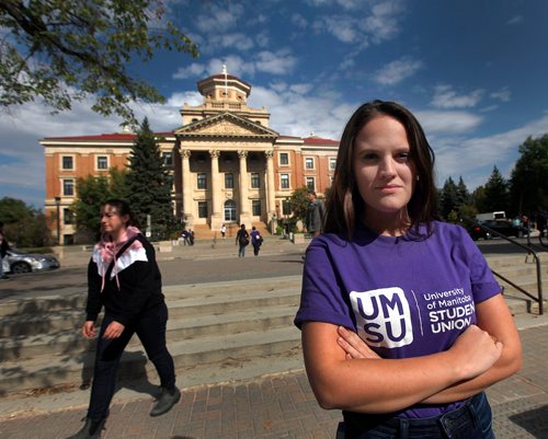 PHIL HOSSACK / WINNIPEG FREE PRESS - U of M UMSU Vice President Sarah Bonner-Proulx poses in front of the Administration Building Thursday afternoon. See Jessica's story. - Sept 6, 2018