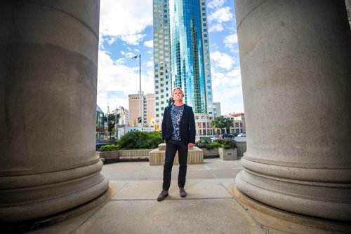 MIKAELA MACKENZIE / WINNIPEG FREE PRESS
Brent Bellamy, architect and active advocate for opening Portage and Main to pedestrians, poses for a portrait at the famed intersection in Winnipeg on Thursday, Sept. 6, 2018. 
Winnipeg Free Press 2018.