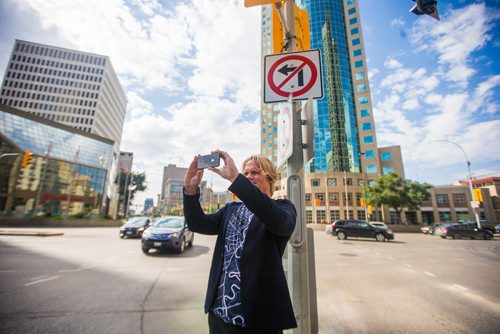 MIKAELA MACKENZIE / WINNIPEG FREE PRESS
Brent Bellamy, architect and active advocate for opening Portage and Main to pedestrians, poses for a portrait at the famed intersection in Winnipeg on Thursday, Sept. 6, 2018. 
Winnipeg Free Press 2018.