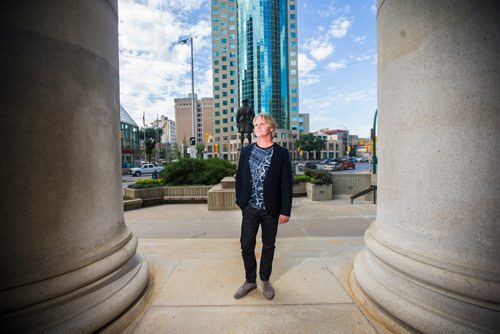 MIKAELA MACKENZIE / WINNIPEG FREE PRESS
Brent Bellamy, architect and active advocate for opening Portage and Main to pedestrians, poses for a portrait at the famed intersection in Winnipeg on Thursday, Sept. 6, 2018. 
Winnipeg Free Press 2018.