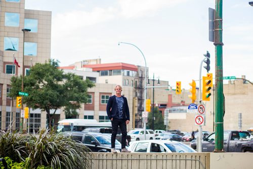 MIKAELA MACKENZIE / WINNIPEG FREE PRESS
Brent Bellamy, architect and active advocate for opening Portage and Main to pedestrians, poses for a portrait at the famed intersection in Winnipeg on Thursday, Sept. 6, 2018. 
Winnipeg Free Press 2018.