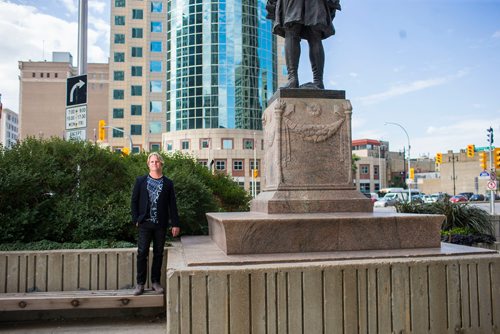 MIKAELA MACKENZIE / WINNIPEG FREE PRESS
Brent Bellamy, architect and active advocate for opening Portage and Main to pedestrians, poses for a portrait at the famed intersection in Winnipeg on Thursday, Sept. 6, 2018. 
Winnipeg Free Press 2018.