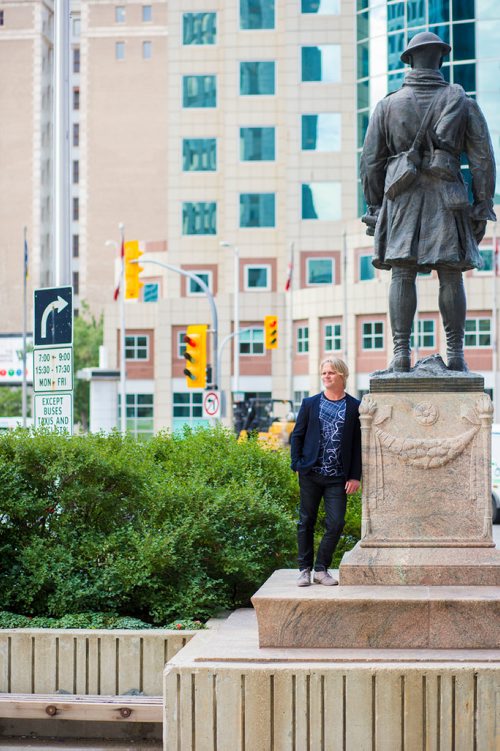 MIKAELA MACKENZIE / WINNIPEG FREE PRESS
Brent Bellamy, architect and active advocate for opening Portage and Main to pedestrians, poses for a portrait at the famed intersection in Winnipeg on Thursday, Sept. 6, 2018. 
Winnipeg Free Press 2018.