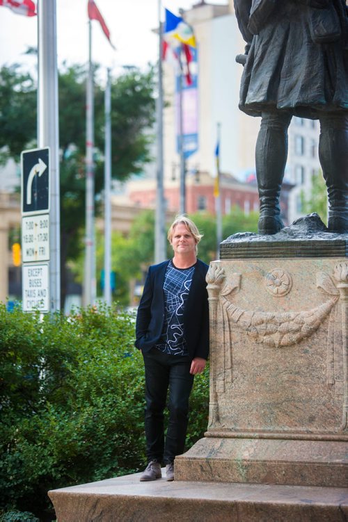 MIKAELA MACKENZIE / WINNIPEG FREE PRESS
Brent Bellamy, architect and active advocate for opening Portage and Main to pedestrians, poses for a portrait at the famed intersection in Winnipeg on Thursday, Sept. 6, 2018. 
Winnipeg Free Press 2018.