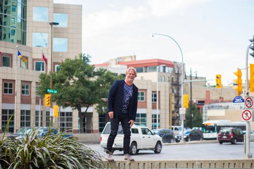 MIKAELA MACKENZIE / WINNIPEG FREE PRESS
Brent Bellamy, architect and active advocate for opening Portage and Main to pedestrians, poses for a portrait at the famed intersection in Winnipeg on Thursday, Sept. 6, 2018. 
Winnipeg Free Press 2018.