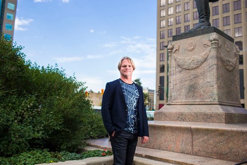 MIKAELA MACKENZIE / WINNIPEG FREE PRESS
Brent Bellamy, architect and active advocate for opening Portage and Main to pedestrians, poses for a portrait at the famed intersection in Winnipeg on Thursday, Sept. 6, 2018. 
Winnipeg Free Press 2018.