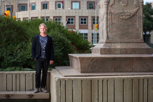 MIKAELA MACKENZIE / WINNIPEG FREE PRESS
Brent Bellamy, architect and active advocate for opening Portage and Main to pedestrians, poses for a portrait at the famed intersection in Winnipeg on Thursday, Sept. 6, 2018. 
Winnipeg Free Press 2018.