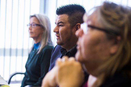 MIKAELA MACKENZIE / WINNIPEG FREE PRESS
War Lake First Nation Chief Betsy Kennedy (left), York Factory First Nation Chief Leroy Constant, and York Factory First Nation councillor Evelyn Beardy hold a news conference, regarding a report that includes allegations of racism and rape at Manitoba Hydro work sites, in Winnipeg on Friday, Sept. 7, 2018. 
Winnipeg Free Press 2018.