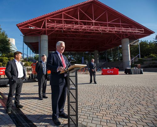 MIKE DEAL / WINNIPEG FREE PRESS
Sean Finn, Executive vice-president at CN, during an announcement of a partnership with The Forks, a renaming of the stage, "CN Stage and Field," and a presentation of $750,000 towards future projects.
180907 - Friday, September 07, 2018.