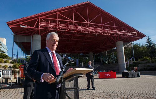 MIKE DEAL / WINNIPEG FREE PRESS
Sean Finn, Executive vice-president at CN, during an announcement of a partnership with The Forks, a renaming of the stage, "CN Stage and Field," and a presentation of $750,000 towards future projects.
180907 - Friday, September 07, 2018.