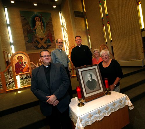 PHIL HOSSACK / WINNIPEG FREE PRESS -  left to right, Rev Mark Gnutel, Rev Larry Kondra, Rev Dmytro Dnistrian, Phyllis Sianchuk and Connie Cox pose at St Joseph's Ukranian Catholic Church Friday. See Brenda Suderman's story re: Joint service at St Boniface Catherdral.  - Sept 7, 2018