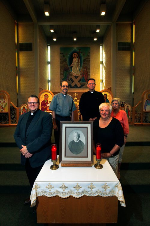 PHIL HOSSACK / WINNIPEG FREE PRESS -  left to right, Rev Mark Gnutel, Rev Larry Kondra, Rev Dmytro Dnistrian, Phyllis Sianchuk and Connie Cox pose at St Joseph's Ukranian Catholic Church Friday. See Brenda Suderman's story re: Joint service at St Boniface Catherdral.  - Sept 7, 2018