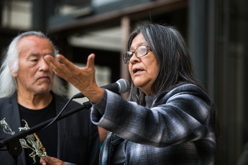 MIKAELA MACKENZIE / WINNIPEG FREE PRESS
Rita Monias speaks at a rally calling for a clean energy future in front of the Manitoba Legislative Building  in Winnipeg on Saturday, Sept. 8, 2018. 
Winnipeg Free Press 2018.