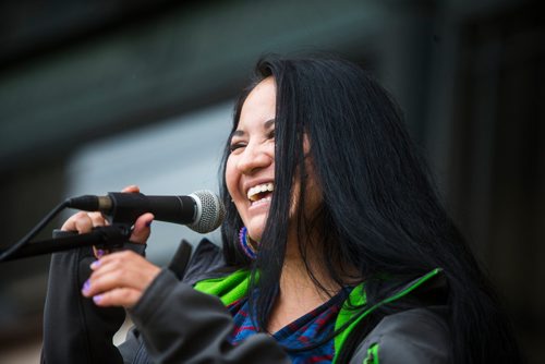 MIKAELA MACKENZIE / WINNIPEG FREE PRESS
Brandy Maxie speaks at a rally calling for a clean energy future in front of the Manitoba Legislative Building  in Winnipeg on Saturday, Sept. 8, 2018. 
Winnipeg Free Press 2018.