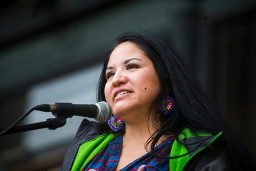 MIKAELA MACKENZIE / WINNIPEG FREE PRESS
Brandy Maxie speaks at a rally calling for a clean energy future in front of the Manitoba Legislative Building  in Winnipeg on Saturday, Sept. 8, 2018. 
Winnipeg Free Press 2018.