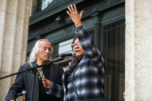 MIKAELA MACKENZIE / WINNIPEG FREE PRESS
Rita Monias speaks at a rally calling for a clean energy future in front of the Manitoba Legislative Building  in Winnipeg on Saturday, Sept. 8, 2018. 
Winnipeg Free Press 2018.