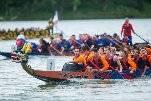 MIKAELA MACKENZIE / WINNIPEG FREE PRESS
Katie's Krew races in the seventh annual Manitoba Dragon Boat Festival in support of the CancerCare Manitoba Foundation and the Childrens Hospital Foundation of Manitoba takes place at the Forks in Winnipeg on Saturday, Sept. 8, 2018. 
Winnipeg Free Press 2018.