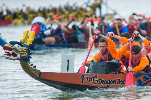 MIKAELA MACKENZIE / WINNIPEG FREE PRESS
Katie's Krew races in the seventh annual Manitoba Dragon Boat Festival in support of the CancerCare Manitoba Foundation and the Childrens Hospital Foundation of Manitoba takes place at the Forks in Winnipeg on Saturday, Sept. 8, 2018. 
Winnipeg Free Press 2018.