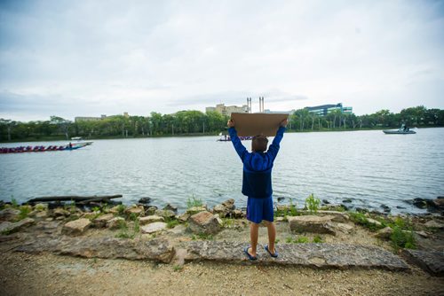 MIKAELA MACKENZIE / WINNIPEG FREE PRESS
Josh Kasdorf, eight, cheers on his aunt at the seventh annual Manitoba Dragon Boat Festival in support of the CancerCare Manitoba Foundation and the Childrens Hospital Foundation of Manitoba takes place at the Forks in Winnipeg on Saturday, Sept. 8, 2018. 
Winnipeg Free Press 2018.