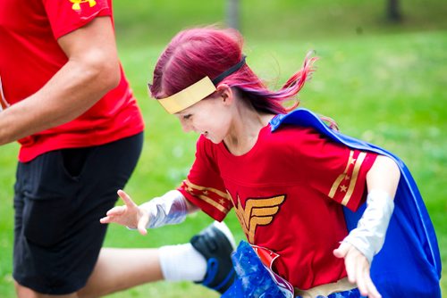 MIKAELA MACKENZIE / WINNIPEG FREE PRESS
Eleanora Esch, eight, runs in the fourth annual Superhero Run to Fight Childhood Brain Cancer at Kildonan Park in Winnipeg on Saturday, Sept. 8, 2018. 
Winnipeg Free Press 2018.