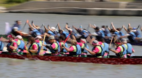 TREVOR HAGAN / WINNIPEG FREE PRESS
Teams participate in the 2018 CancerCare Manitoba Dragon Boat Festival on the Red River, Sunday, September 9, 2018, 2018.