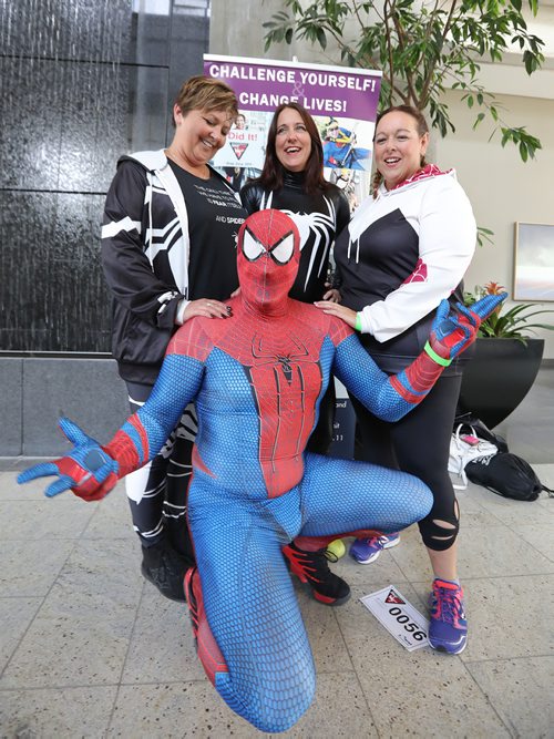 JASON HALSTEAD / WINNIPEG FREE PRESS

Clockwise from rear left: Members of the Night Crawlers, Shannon Reynolds, Melissa Dvorak, Serina Pottinger and Kevin Rebeck, show off their costumes before getting harnessed up for their turns at the 14th Annual Easter Seals Drop Zone, a fundraising event in support of the Society for Manitobans with Disabilities (SMD), at the Manitoba Hydro Building in Downtown Winnipeg on Aug. 28, 2018. (See Social Page)