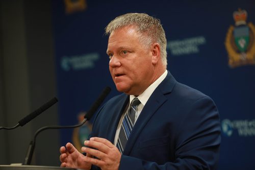 RUTH BONNEVILLE / WINNIPEG FREE PRESS 

Ward Keith, VP of Business Development with MPI, talks to the media about MPI funding $70,000 to police agencies to enhance school zone safety, at presser at WPS Headquarters Monday.

Police staff Sargent, Sean Pollock also spoke at presser.  

 September 10/18 
