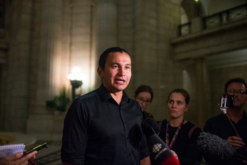 MIKAELA MACKENZIE / WINNIPEG FREE PRESS
Wab Kinew scrums at the Manitoba Legislative Building in Winnipeg on Tuesday, Sept. 11, 2018.  
Winnipeg Free Press 2018.