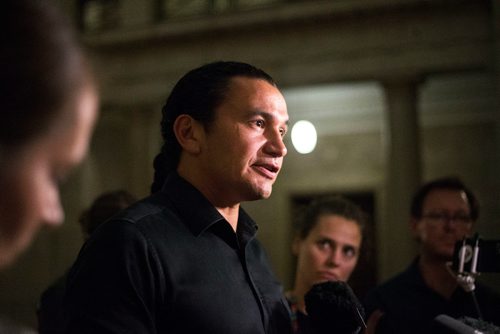 MIKAELA MACKENZIE / WINNIPEG FREE PRESS
Wab Kinew scrums at the Manitoba Legislative Building in Winnipeg on Tuesday, Sept. 11, 2018.  
Winnipeg Free Press 2018.