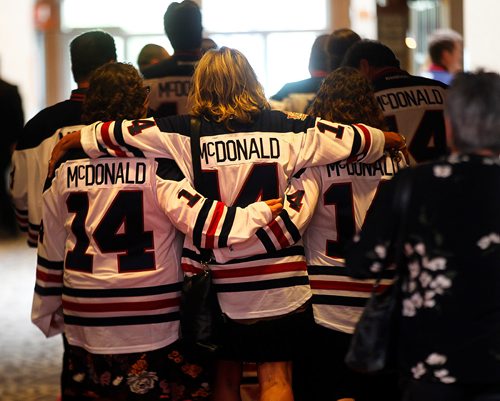 PHIL HOSSACK / WINNIPEG FREE PRESS -  Alvin 'Ab' McDonald's family, wearing Winnipeg Jets Jerseys with his name leave the memorial service/celebration of the WInnipeg Jets first Captain  Tuesday afternoon at Canad Inns Polo Park. See Ashley's story. - Sept 11, 2018