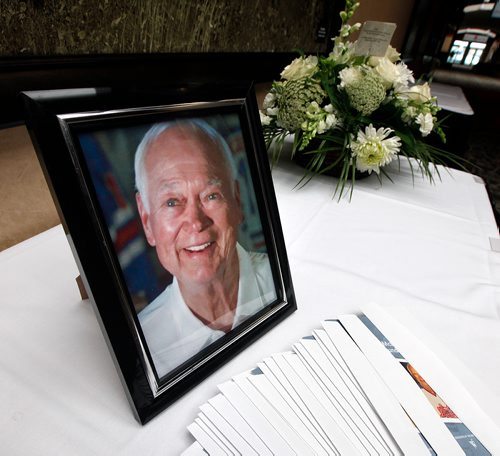PHIL HOSSACK / WINNIPEG FREE PRESS -  Alvin 'Ab' McDonald's portrait sits on a table outside the memorial service/celebration of the WInnipeg Jets first Captain  Tuesday afternoon at Canad Inns Polo Park. See Ashley's story. - Sept 11, 2018