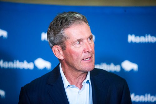 MIKAELA MACKENZIE / WINNIPEG FREE PRESS
Premier Brian Pallister scrums with the media after speaking with the Prime Minister at the Manitoba Legislative Building in Winnipeg on Tuesday, Sept. 11, 2018.  
Winnipeg Free Press 2018.