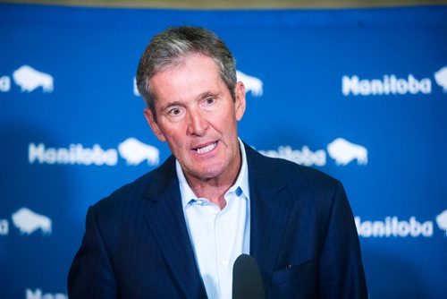 MIKAELA MACKENZIE / WINNIPEG FREE PRESS
Premier Brian Pallister scrums with the media after speaking with the Prime Minister at the Manitoba Legislative Building in Winnipeg on Tuesday, Sept. 11, 2018.  
Winnipeg Free Press 2018.