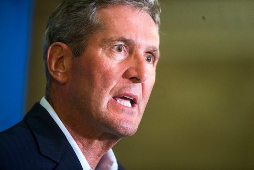 MIKAELA MACKENZIE / WINNIPEG FREE PRESS
Premier Brian Pallister scrums with the media after speaking with the Prime Minister at the Manitoba Legislative Building in Winnipeg on Tuesday, Sept. 11, 2018.  
Winnipeg Free Press 2018.