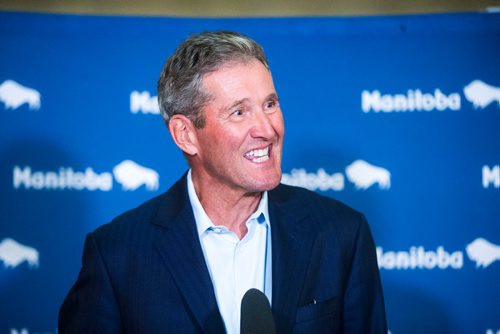 MIKAELA MACKENZIE / WINNIPEG FREE PRESS
Premier Brian Pallister scrums with the media after speaking with the Prime Minister at the Manitoba Legislative Building in Winnipeg on Tuesday, Sept. 11, 2018.  
Winnipeg Free Press 2018.