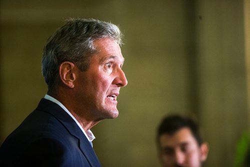 MIKAELA MACKENZIE / WINNIPEG FREE PRESS
Premier Brian Pallister scrums with the media after speaking with the Prime Minister at the Manitoba Legislative Building in Winnipeg on Tuesday, Sept. 11, 2018.  
Winnipeg Free Press 2018.