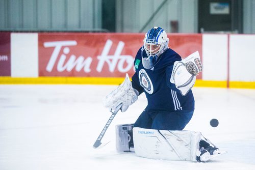 MIKAELA MACKENZIE / WINNIPEG FREE PRESS
Jets goalie Laurent Brossoit practices at the MTS Iceplex in Winnipeg on Wednesday, Sept. 12, 2018.  
Winnipeg Free Press 2018.