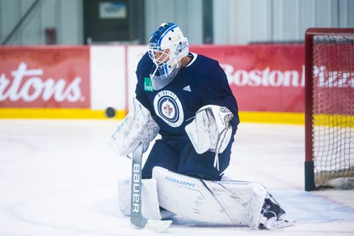 MIKAELA MACKENZIE / WINNIPEG FREE PRESS
Jets goalie Laurent Brossoit practices at the MTS Iceplex in Winnipeg on Wednesday, Sept. 12, 2018.  
Winnipeg Free Press 2018.