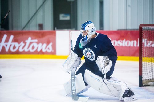 MIKAELA MACKENZIE / WINNIPEG FREE PRESS
Jets goalie Laurent Brossoit practices at the MTS Iceplex in Winnipeg on Wednesday, Sept. 12, 2018.  
Winnipeg Free Press 2018.