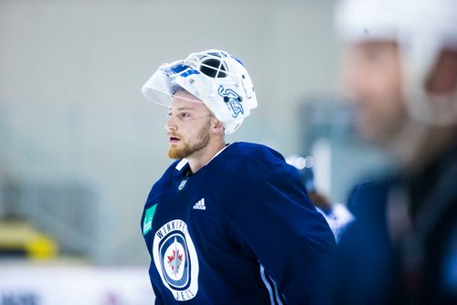 MIKAELA MACKENZIE / WINNIPEG FREE PRESS
Jets goalie Laurent Brossoit practices at the MTS Iceplex in Winnipeg on Wednesday, Sept. 12, 2018.  
Winnipeg Free Press 2018.