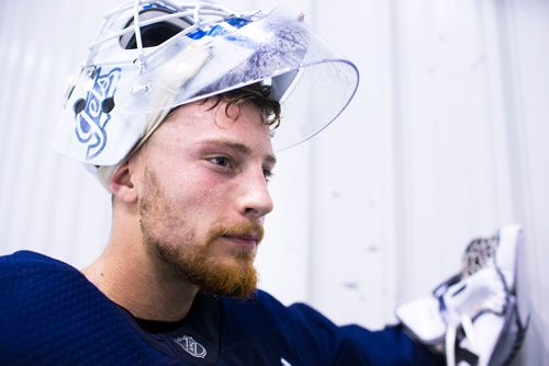 MIKAELA MACKENZIE / WINNIPEG FREE PRESS
Jets goalie Laurent Brossoit speaks to the media at the MTS Iceplex in Winnipeg on Wednesday, Sept. 12, 2018.  
Winnipeg Free Press 2018.