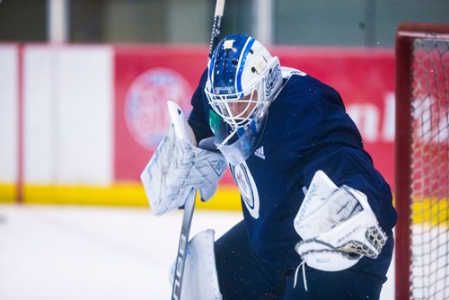 MIKAELA MACKENZIE / WINNIPEG FREE PRESS
Jets goalie Laurent Brossoit practices at the MTS Iceplex in Winnipeg on Wednesday, Sept. 12, 2018.  
Winnipeg Free Press 2018.