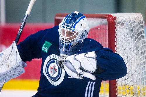 MIKAELA MACKENZIE / WINNIPEG FREE PRESS
Jets goalie Laurent Brossoit practices at the MTS Iceplex in Winnipeg on Wednesday, Sept. 12, 2018.  
Winnipeg Free Press 2018.