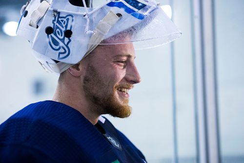 MIKAELA MACKENZIE / WINNIPEG FREE PRESS
Jets goalie Laurent Brossoit speaks to the media at the MTS Iceplex in Winnipeg on Wednesday, Sept. 12, 2018.  
Winnipeg Free Press 2018.