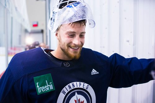 MIKAELA MACKENZIE / WINNIPEG FREE PRESS
Jets goalie Laurent Brossoit speaks to the media at the MTS Iceplex in Winnipeg on Wednesday, Sept. 12, 2018.  
Winnipeg Free Press 2018.